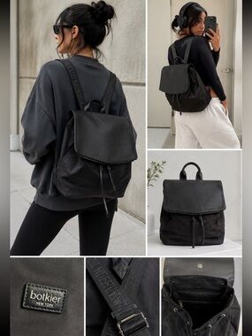 Botkier New York Black Nylon Flap Backpack Logo Strap Utility Bag Medium
